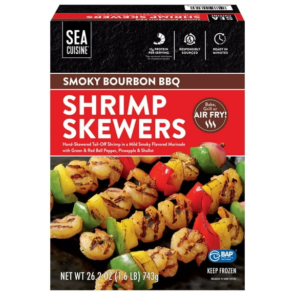 Sea Cuisine Farm Raised Smoky Bourbon BBQ Shrimp Skewers, Frozen, 8 ct. per box, 1.6 lbs.