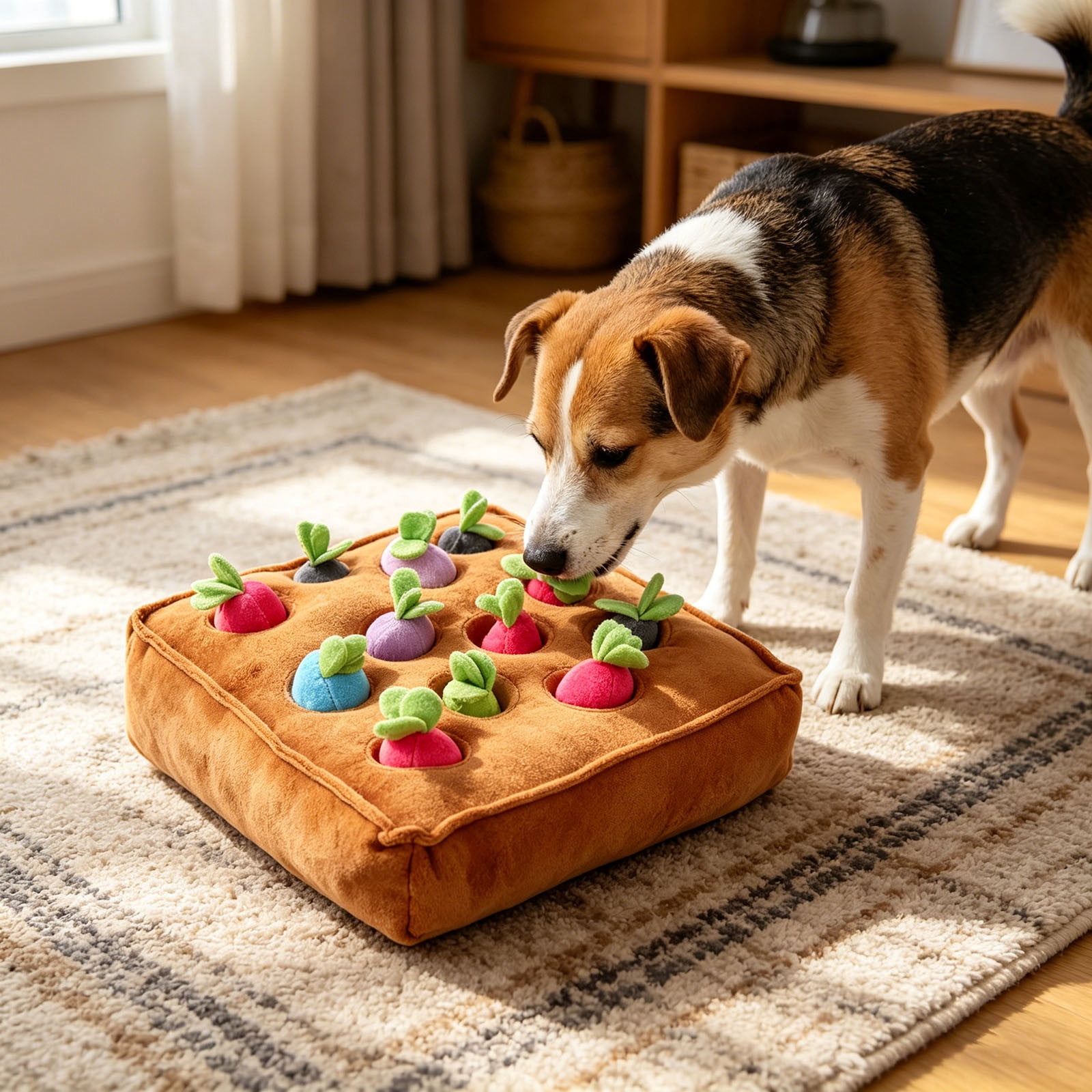 14.57-inch Interactive Hide-and-Seek Carrot Pull Plush Toy for Dogs & Cats, Enrichment Snuffle Mat with Crinkle Vegetables, Mental Stimulation Chew Toy for Indoor Play, Boredom Relief & Pet Bonding