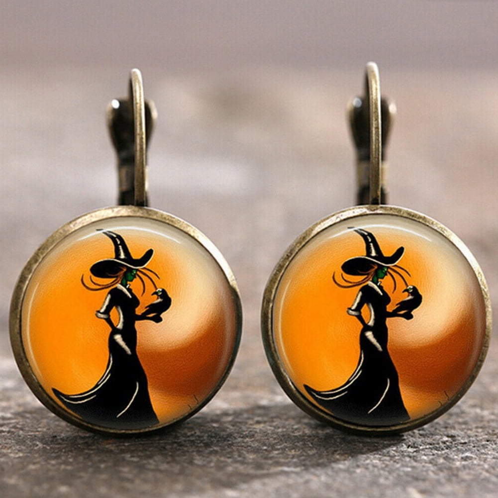 Trayknick 1 Pair Halloween Party Witch Glass Cabochon Lever Back Earrings Women Jewelry Bronze Bronze