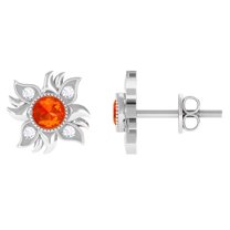 Rosec Jewels Orange Sapphire Stud Earrings with Diamond, Sunburst Earrings For Women, 925 Sterling Silver