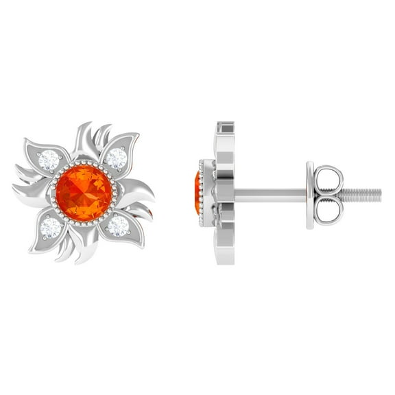 Rosec Jewels Orange Sapphire Stud Earrings with Diamond, Sunburst Earrings For Women, 925 Sterling Silver