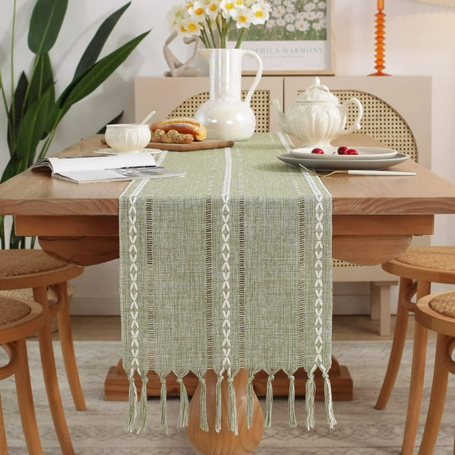XINQIHANG Farmhouse Table Runner Rustic Style 13\u201c x 72\u201d, Braided Striped Linen Fall Table Runner 72 Inches Long with Tassels for Dining Room Kitchen Reading Dresser Décor,Green