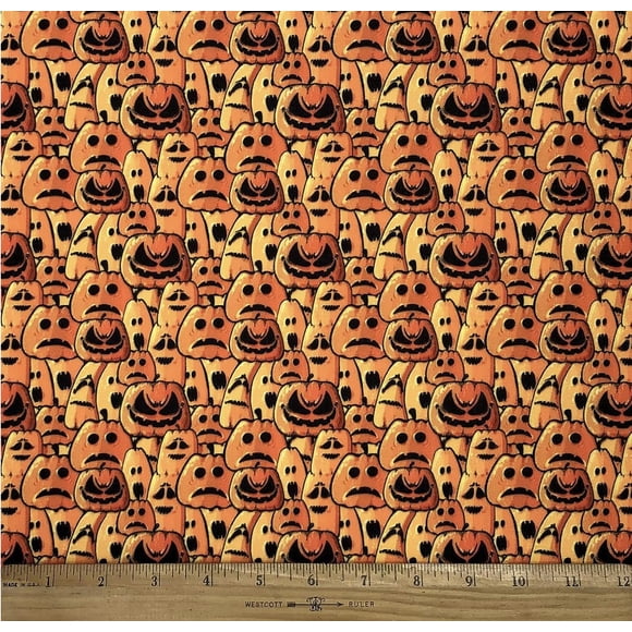 Fabric Textile Products | Pumpkin Faces Fabric | 100% American Polyester for Halloween Crafts, Costumes, Pillow Cases, Tablecloths, and More | 60" Wide | 5 yds