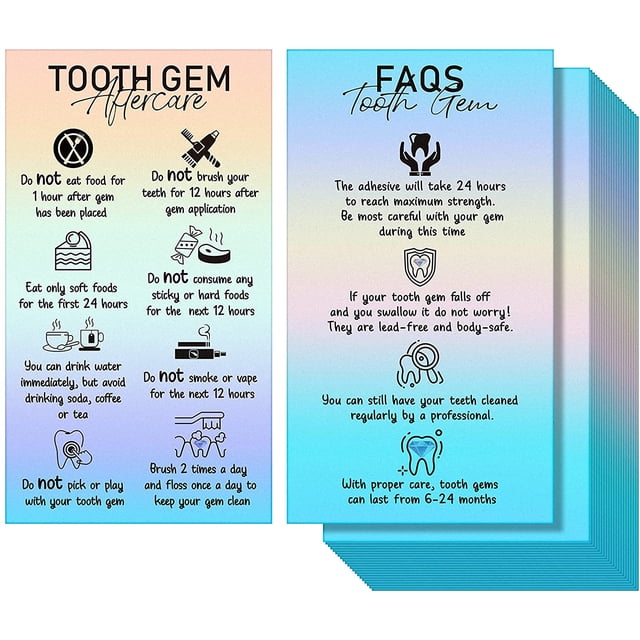 200 Pieces Tooth Gem Aftercare and FAQs Cards 1.97 x 3.5 Inches Holographic Tooth Gem Aftercare Instructions Cards Wallet Sized Holographic Reflective Tooth Gem Cards Double-Sided Tooth Guide Cards