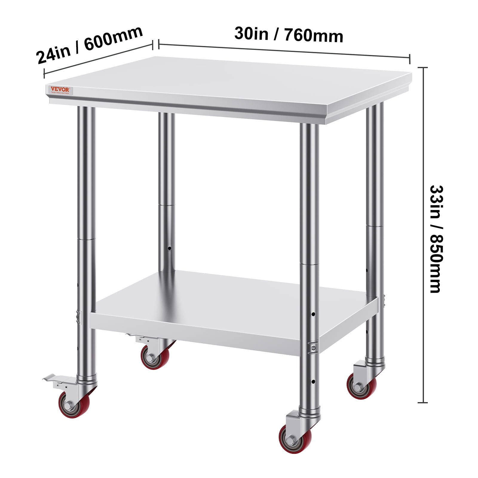 VEVOR Stainless Steel Work Table 30 x 24 x 33 Inch, 700 LBS Load Capacity with 4 Wheels, 3 Adjustable Height Levels, Heavy Duty Food Prep Worktable for Commercial Kitchen Restaurant, Silver