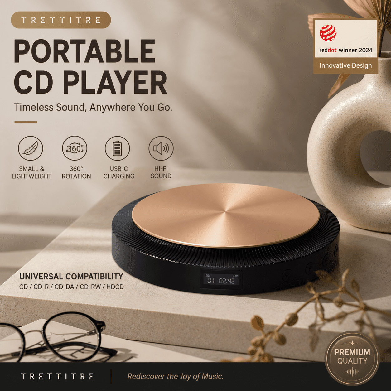 Trettitre protable CD player with Bluetooth – White & Gold for home and travel