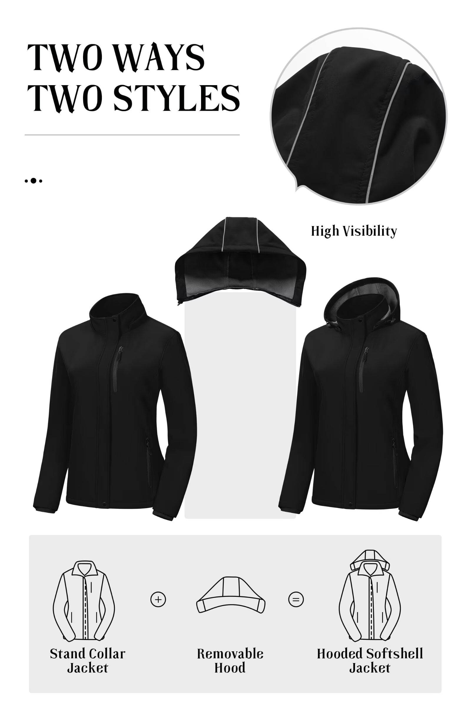 Chrisuno Fall Coats For Women All Weather Jacket Spring Lightweight Women's Softshell Insulated Windbreaker With Removable Hood Waterproof Warm Fleece Lined Coat Black S