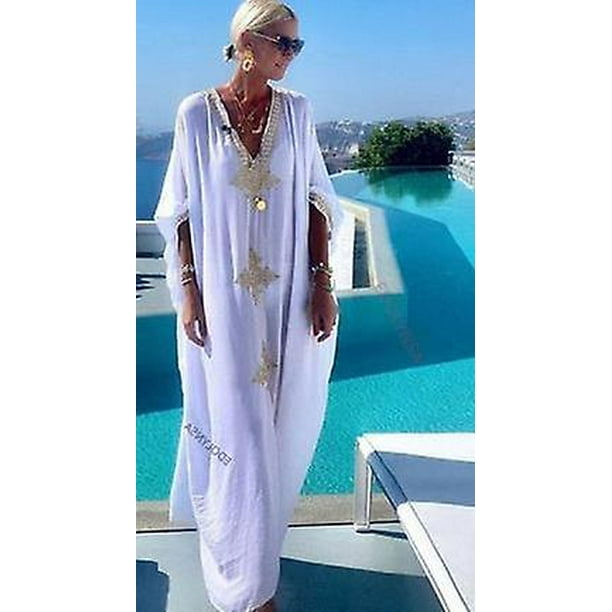 Elegante caftán largo dorado para cubrir la playa, vestido Sexy de verano con escote en V profundo, ropa de talla grande para mujer, ropa de playa, funda para traje de baño