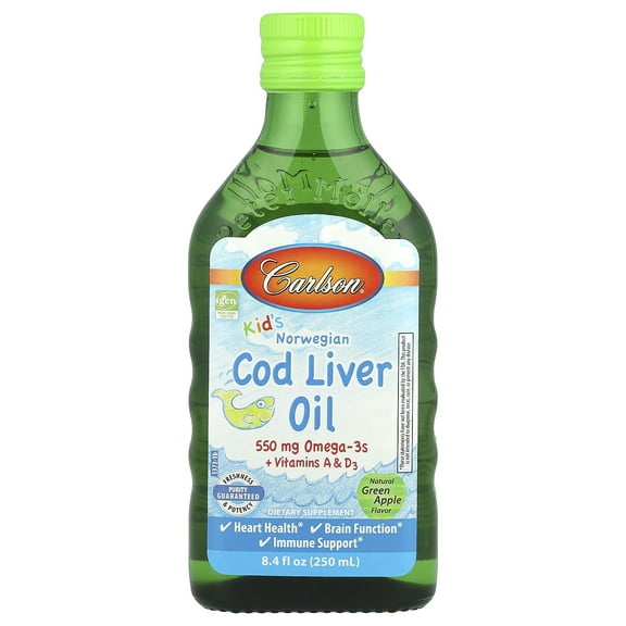 Carlson - Kid's Cod Liver Oil, 550 mg Omega-3s   A & D3, Norwegian, Wild Caught, Sustainably Sourced, Green Apple, 250 mL (8.4 Fl Oz)