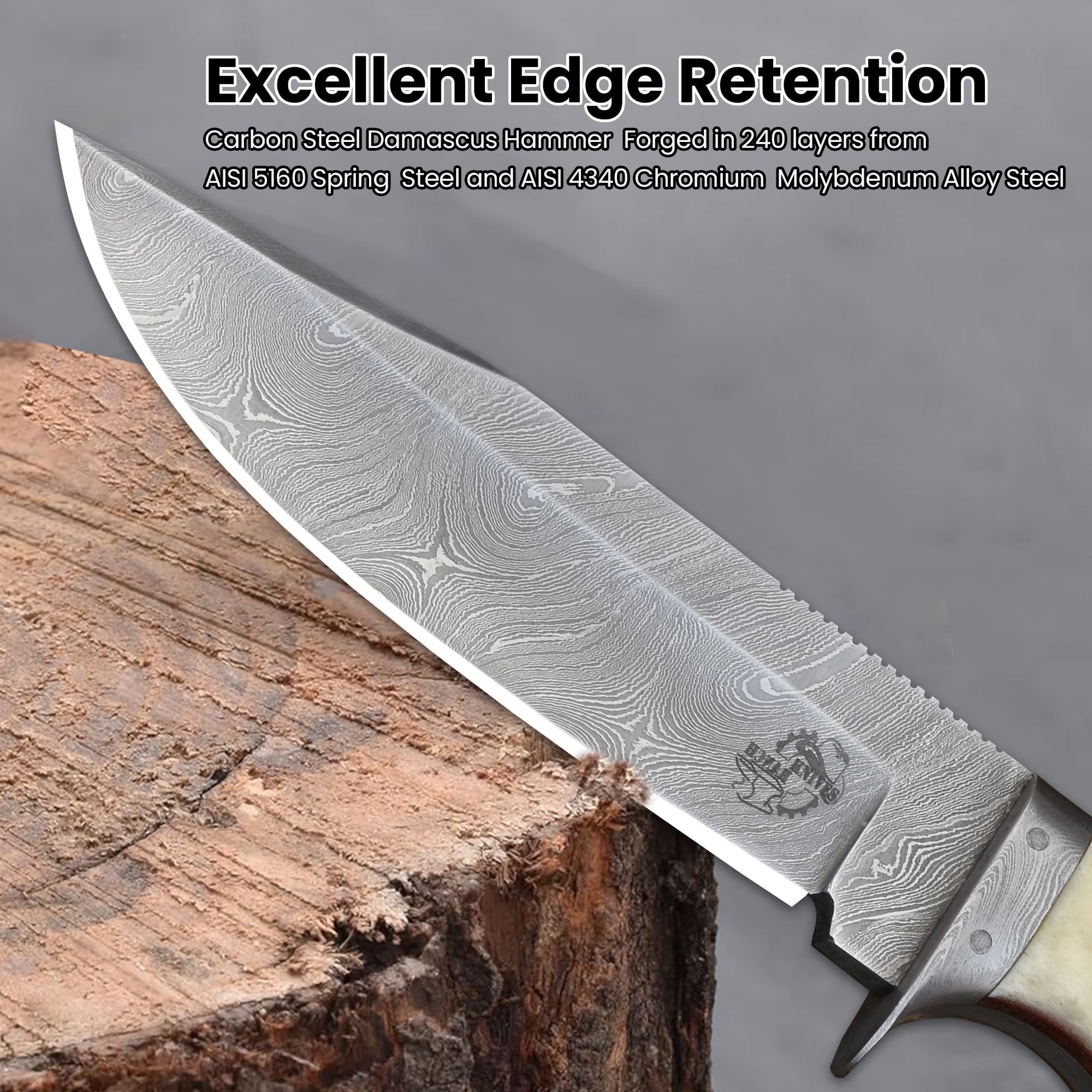 Knives Ranch 2151 Damascus Steel Hunting Knife with Bone Handle – Fixed Blade Utility Knife, Razor Sharp Camping & Outdoor EDC Knife