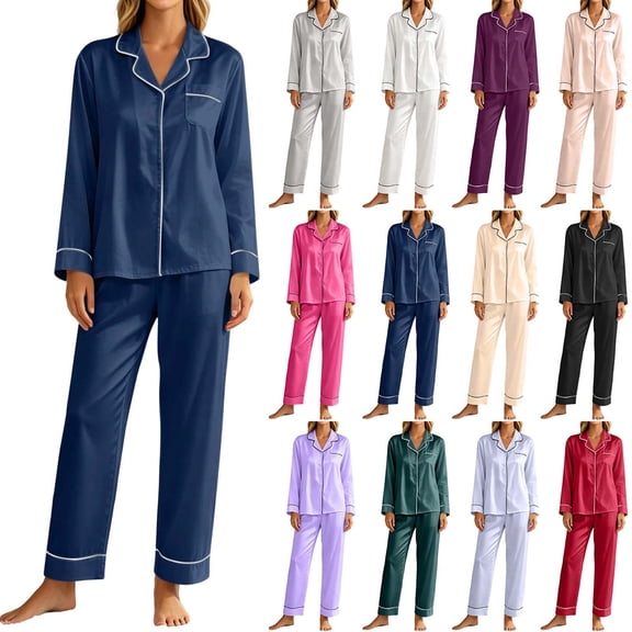 XUNKUSGA Womens Pajama Sets Classic Solid Color Satin Silk 2 Piece Sets for Women Notch Collar Long Sleeve Button Down Pjs Set with Pants Soft Loungewear Sets Beige S
