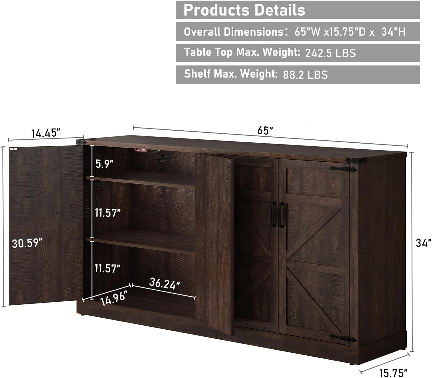 65" Large Farmhouse Buffets Cabinet w/Storage, 4 Barn Doors Coffee Bar Cabinet with Adjustable Shelves, Wood Sideboard Cabinet with Storage for Kitchen, Dining Room, Living Room, Brown