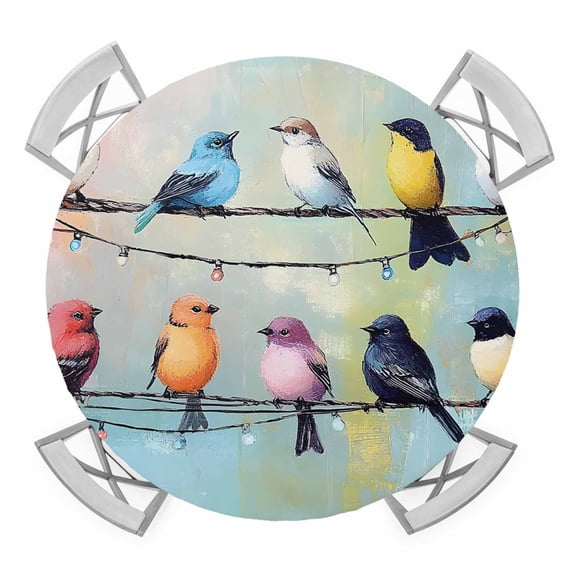 Colorful Birds Round Tablecloth for 55-60 Inch Tables, Fitted Table Cover with Elastic Edge, Modern Oil Painting Art Waterproof Outdoor Table Cloth Protector for Patio Garden Dinner Picnic