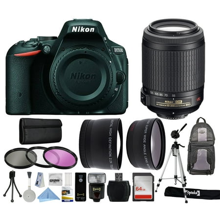 Nikon D5500 DSLR Digital Camera (Body Only) + 55-200mm VR Lens + Backpack + 64GB Memory Card + i-TTL LCD Flash + 2.2x Telephoto + 0.43x Wide Angle + 3 Filters + Cleaning Kit + 70" Tripod + More!