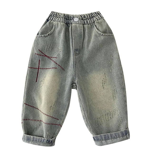 Odeerbi 1-10 Años Niños Vaqueros Lindos Pantalones de Vaquero Retro de Color Sólido Pantalones de Vaquero de Cintura Elástica