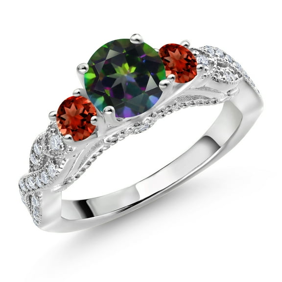Gem Stone King 925 Sterling Silver Green Mystic Topaz Red Garnet and White Moissanite Engagement Ring for Women (1.57 Cttw, Gemstone, Round 6MM and 3MM, Size 7)