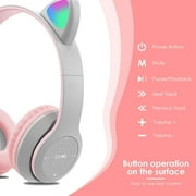 Cat Ear Kids Bluetooth Headphones, LED Light Up Wireless Foldable Stereo Girls Headphones, Kids Headphones for School Birthday Xmas Gift, Pink