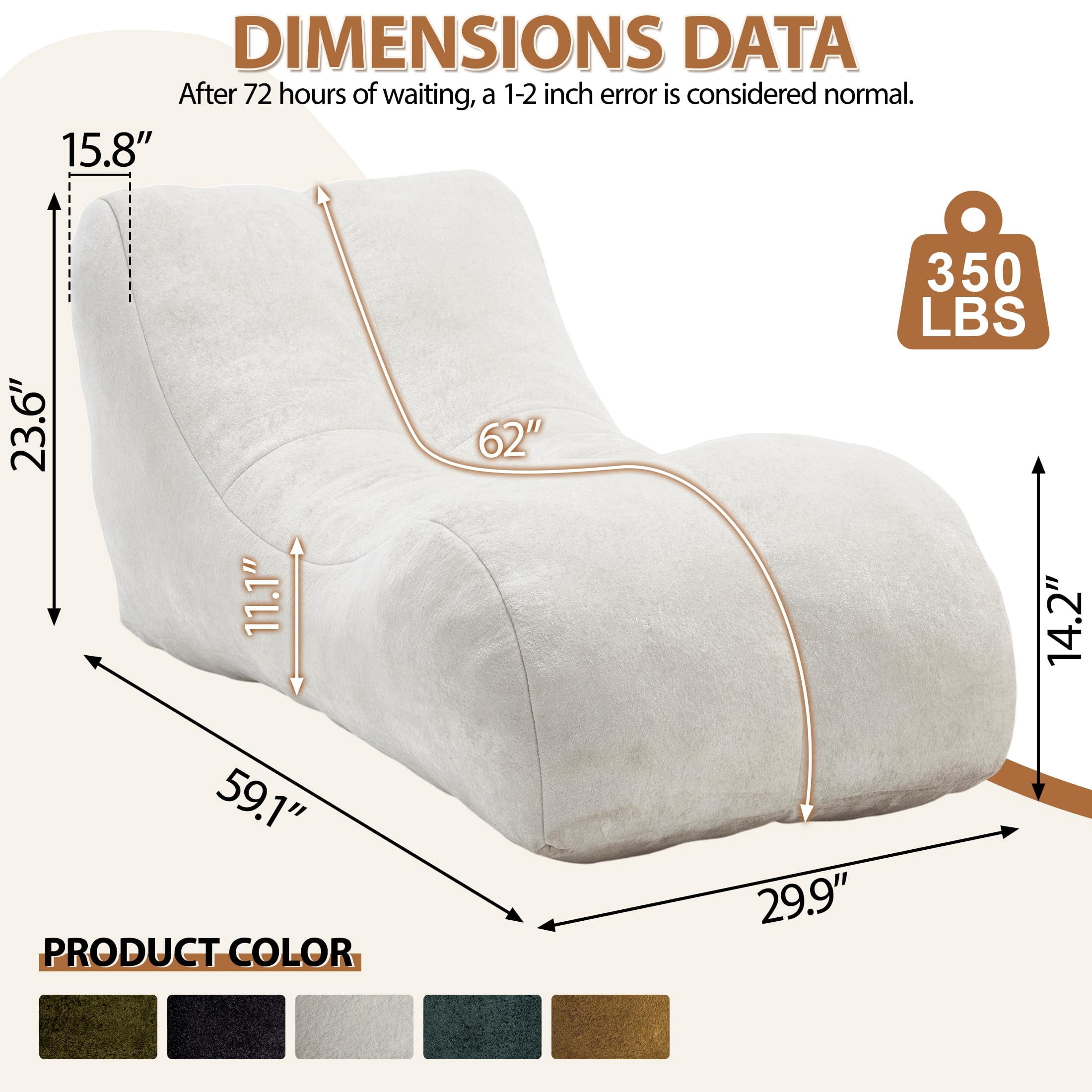 Aukfa Chaise Lounge, Bean Bag Sofa for Stretching, Relaxation, High Density Foam Recliner, White