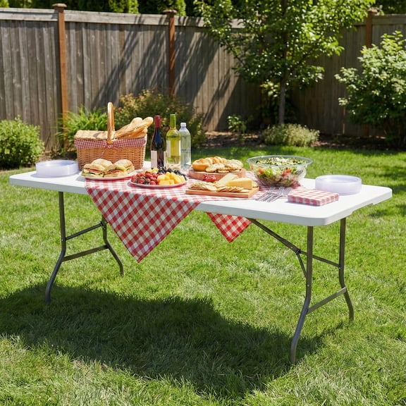 6FT Plastic Folding Table, Portable with Carrying Handle Perfect for Indoor, Outdoor, Party, Dining, Wedding, Events, Camping, White