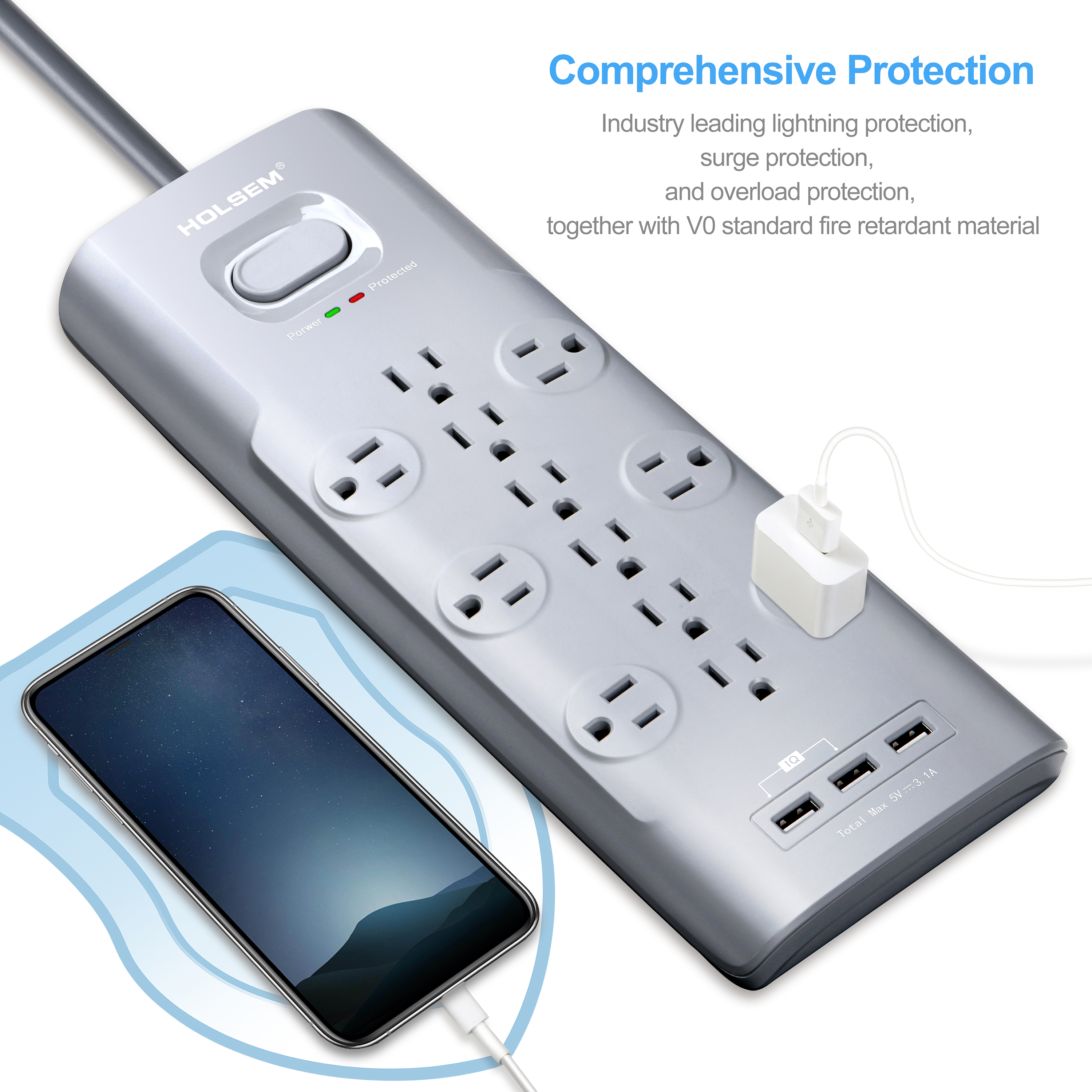 HOLSEM 12 Outlets Surge Protector Power Strip with 3 Smart USB Charging