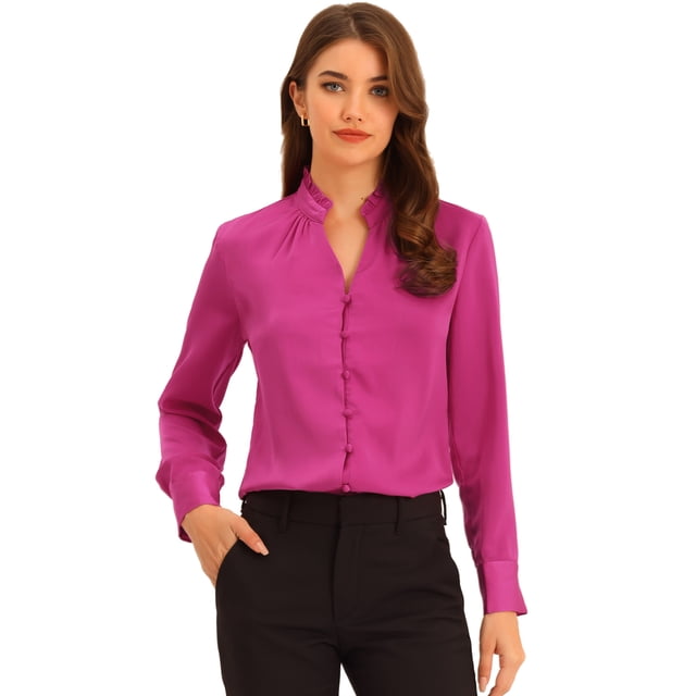 Camisa de satén Allegra K con volantes para mujer Fucsia XL