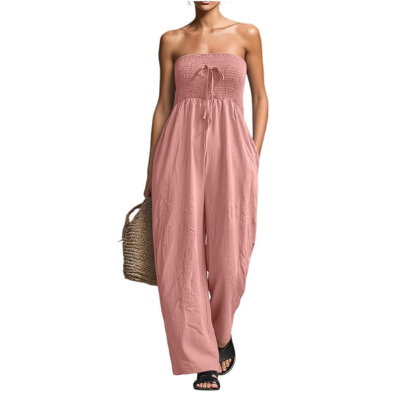 TEAJOPSUU Womens Casual Summer Jumpsuits Sleeveless Strapless Off Shoulder Smocked Wide Leg Rompers with Pockets Pink