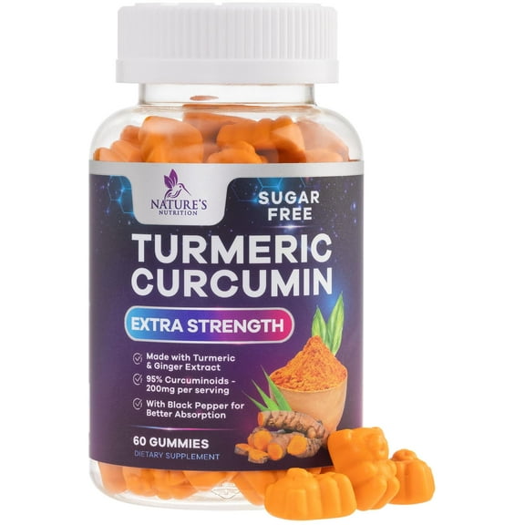 Turmeric Curcumin Gummies Sugar Free Supplement - 95% Curcuminoids with Turmeric & Ginger, Black Pepper for Best Absorption, Nature's Vegan Joint Support, Non-GMO, Tasty Peach Flavor - 60 Gummies
