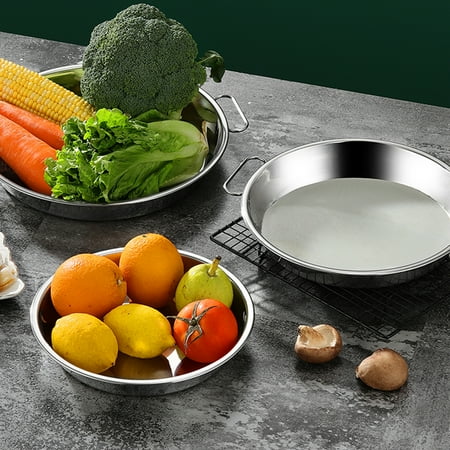 

Round Fruit Plate 1PC Home Kitchen Stainless Steel Plate Simple Baking Cake Food Plate with Ear