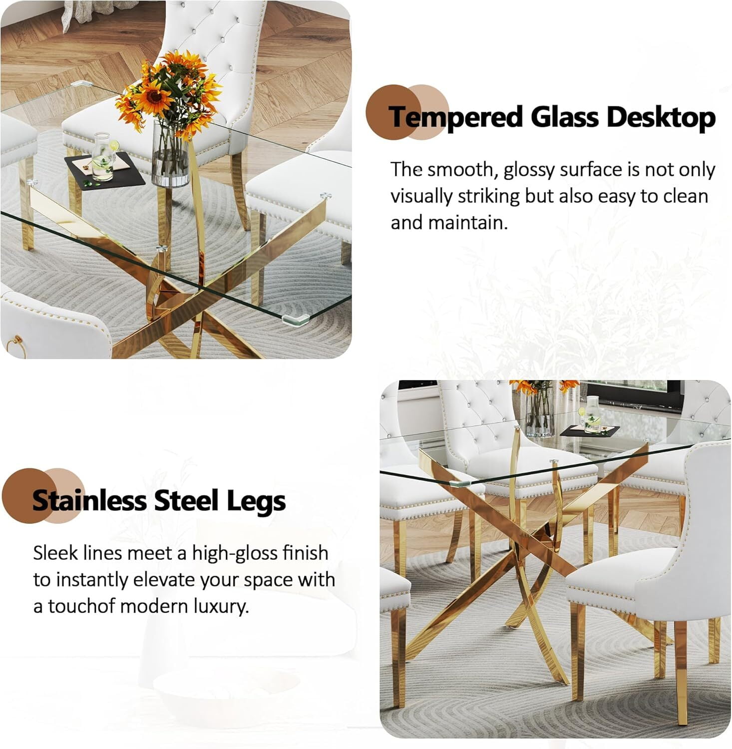 63" Rectangular Glass Dining Table, Modern Clear Tempered Glass Top with Gold Stainless Steel Cross-Legged Base, for Kitchen, Apartment, Living Room
