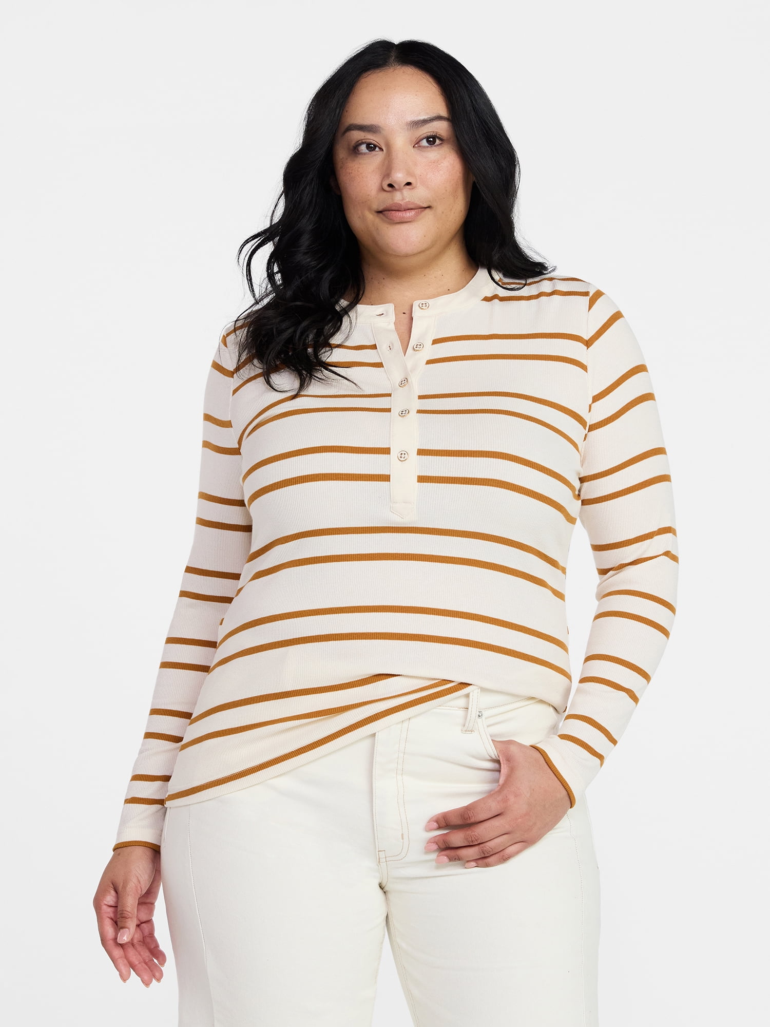Time and Tru Women's Striped Henley with Long Sleeves, Sizes XS-XXXL