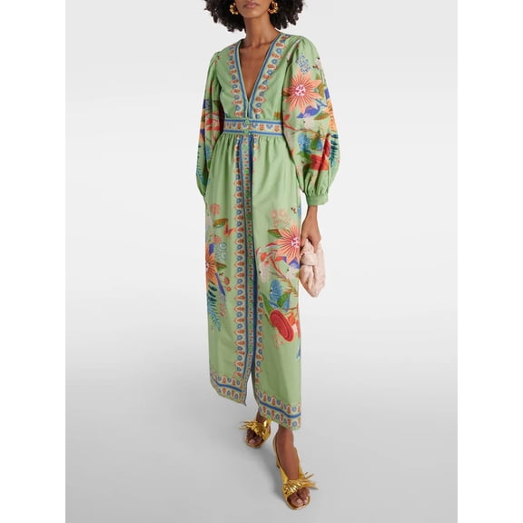 Women's vintage ethnic style, elaborate print, elegant, waist-cinching, slimming, short vacation dress