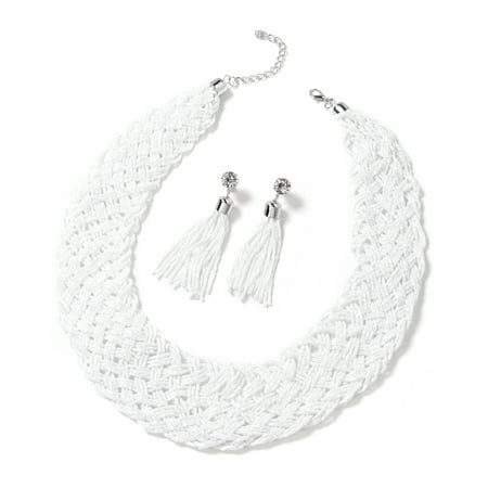 Beaded Set Jewelry Set - White Tube Seed Bead Iron Tassel Earrings and Braided Statement Bib Necklace for Women Jewelry Set Gift 20