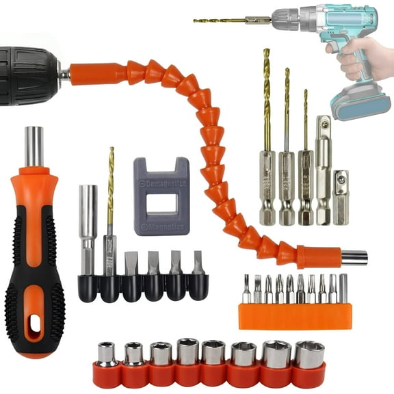 Flexible Drill Bit Extension Set Magnetic Drill Extension DIY Tools - Screwdriver Bits & Handle, Socket Adapter Set, Twist Drills, Screw Extractors, Nut Driver Bits (32 Pcs)