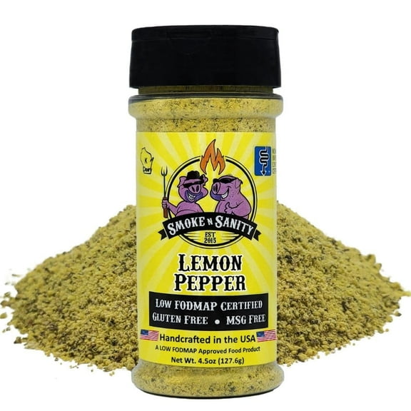 Smoke n Sanity Lemon Pepper - Certified Low FODMAP Seasonings - Gluten Free - Certified Kosher - Dairy Free for Low FODMAP Foods (4.5 oz Shaker)
