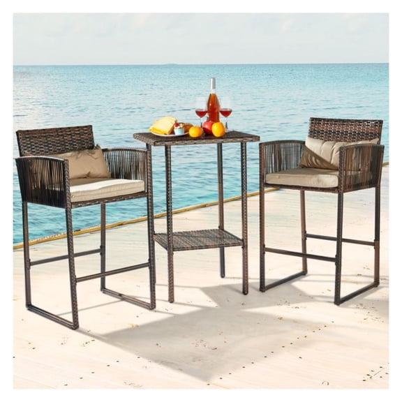 Outdoor 3 Piece Patio Bar Set - High Top Bistro Table & 2 Wicker Bar Stools with Cushions, Brown Rattan, Beige - Small Space Balcony Furniture
