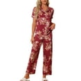 thumbnail image 1 of Conjunto de pijama de satén para mujer INSPIRE CHIC, top de seda con mangas cortas y pantalones, 2 piezas, talla XL, color rojo vino, 1 of 6