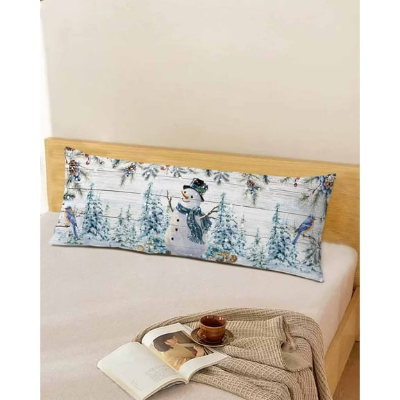 Rustic Christmas Snowman Throw Pillow Cover,Winter Berry Pine Bird Cone Snowy Rectangle Decorative Pillow Case Protector Soft Cushion Cover Lumbar Pillowcase for Couch Sofa Bedroom Decor 20x54 Inch