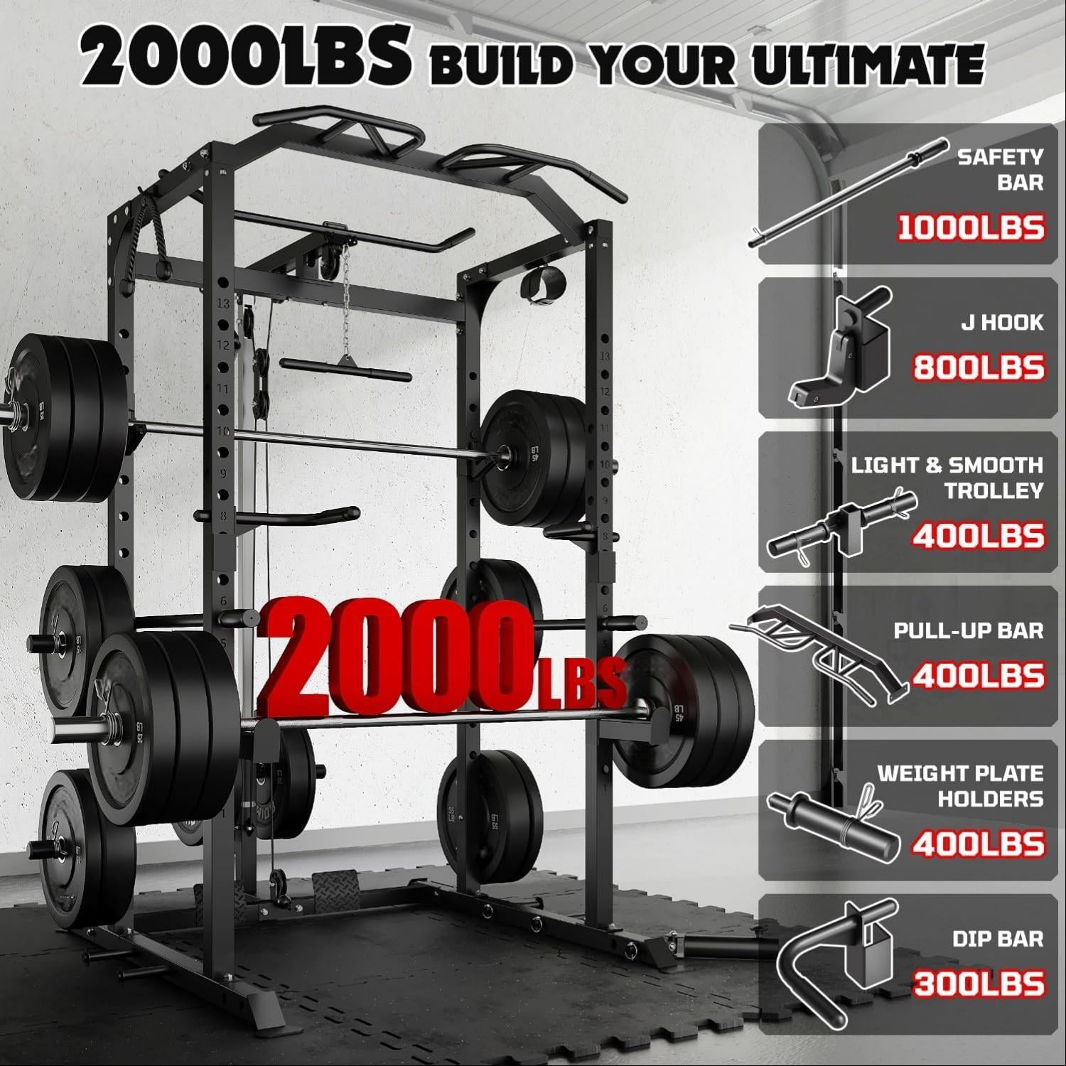 Power Cage, 2000LBS Squat Rack with LAT Pulldown, Multi-Function Weight Cage Strength Training Machine, Workout Cage with More Attachments for Home Gym Garage