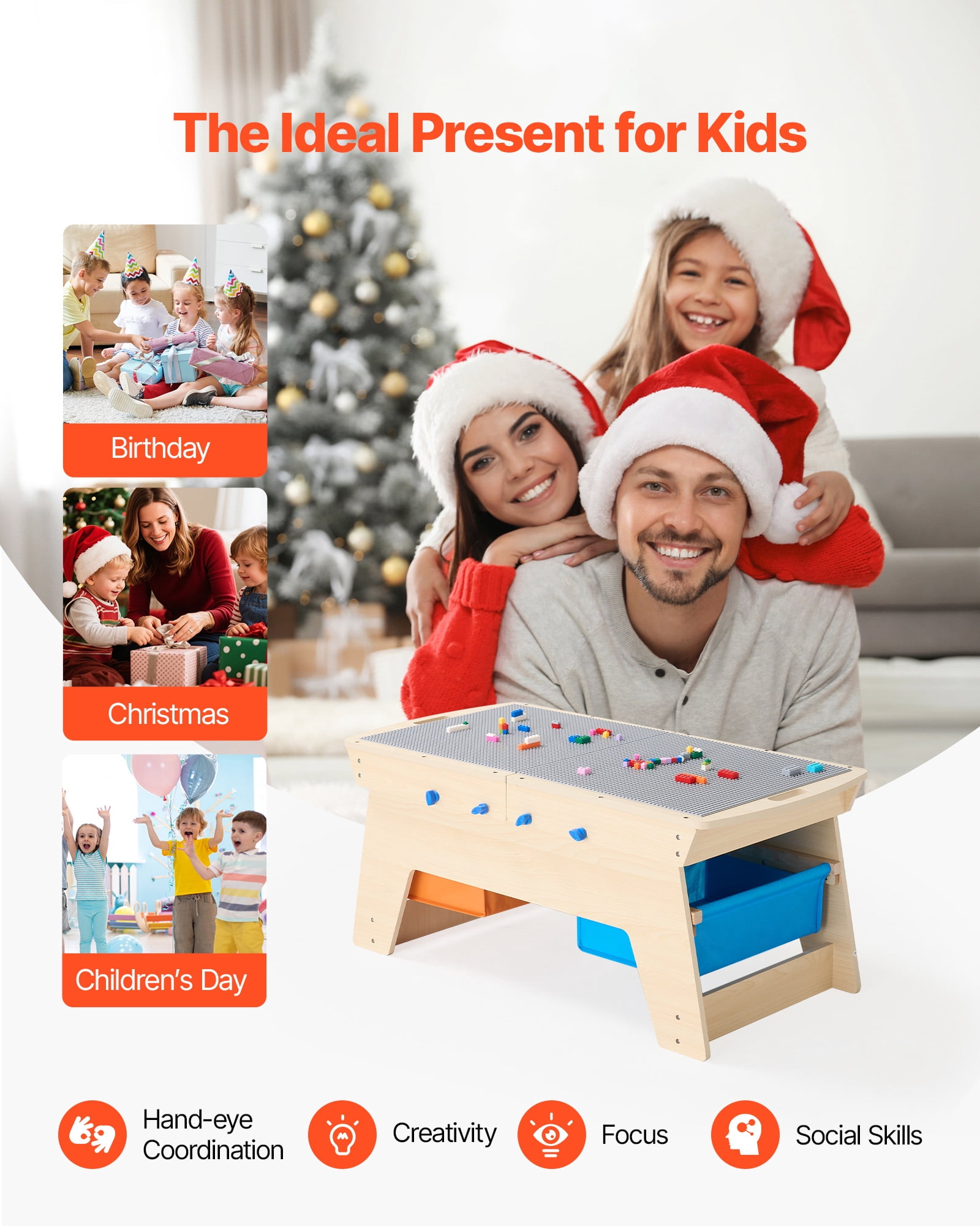 VEVOR Kids Reversible Wooden Activity Table, Multi-Purpose Activity Play Table with 200 Building Bricks & 3 Storage Bins for Kids 3+ Years, Large Storage Space, Present for Boys & Girls, Natural
