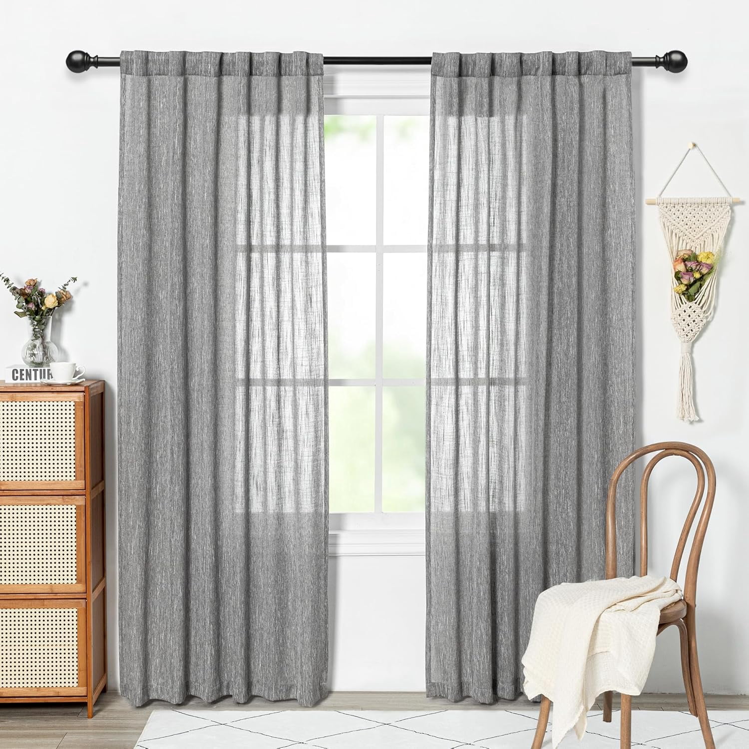 Wehilion Linen Curtains for Living Room, Natural Semi Sheer Curtains & Drapes 84 inches Length 2 Panels Set Farmhouse Country Boho Style Back Tab Draperies for Sliding Glass Door