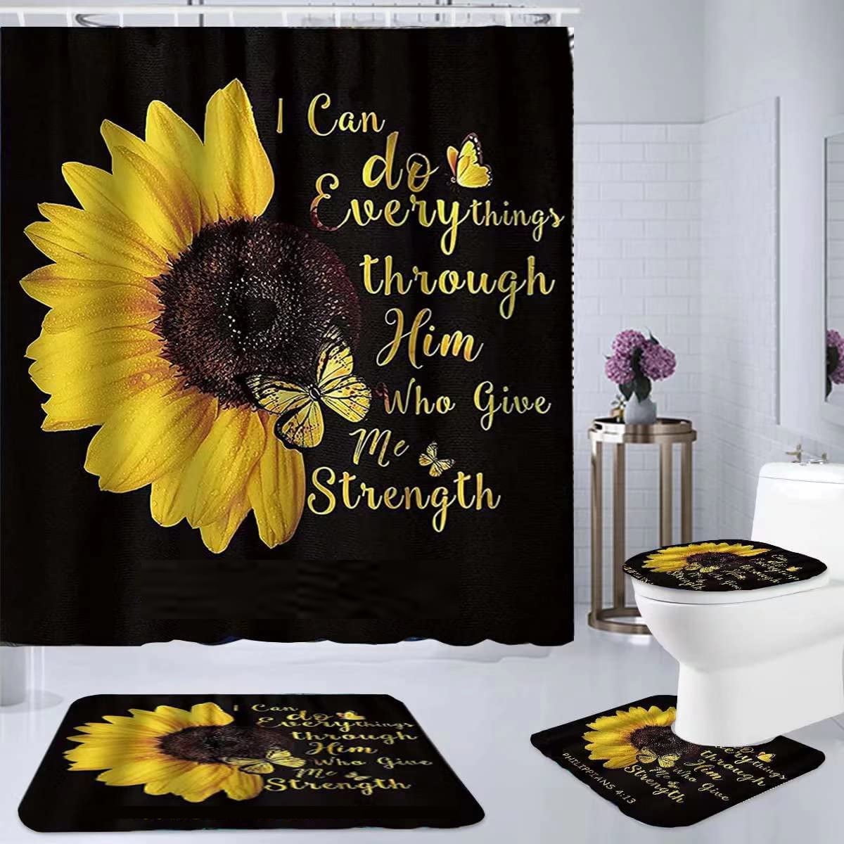 4 Pcs Bathroom Shower Curtain Set Sunflower Shower Curtain Bathroom Sets Valentine's Day Shower Curtain Sets with Rugs(Bath Mat,U Shape and Toilet Lid Cover Mat) and 12 Hooks