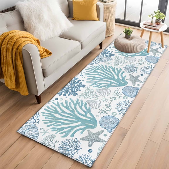 2'x6' Rug Runners for Hallways Kitchen, Aqua Coastal Non Slip Entryway Beside Floor Carpet Runner, Summer Nautical Starfish Beach Coral Washable Laundry Room Bedroom Throw Rugs Mat for Family Pet