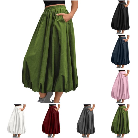 LIBRCLO Skirts for Women Maxi Length Flower Bud Puff Skirt with Pocket A-Line Fashion Casual Summer Elastic Waist Clothes