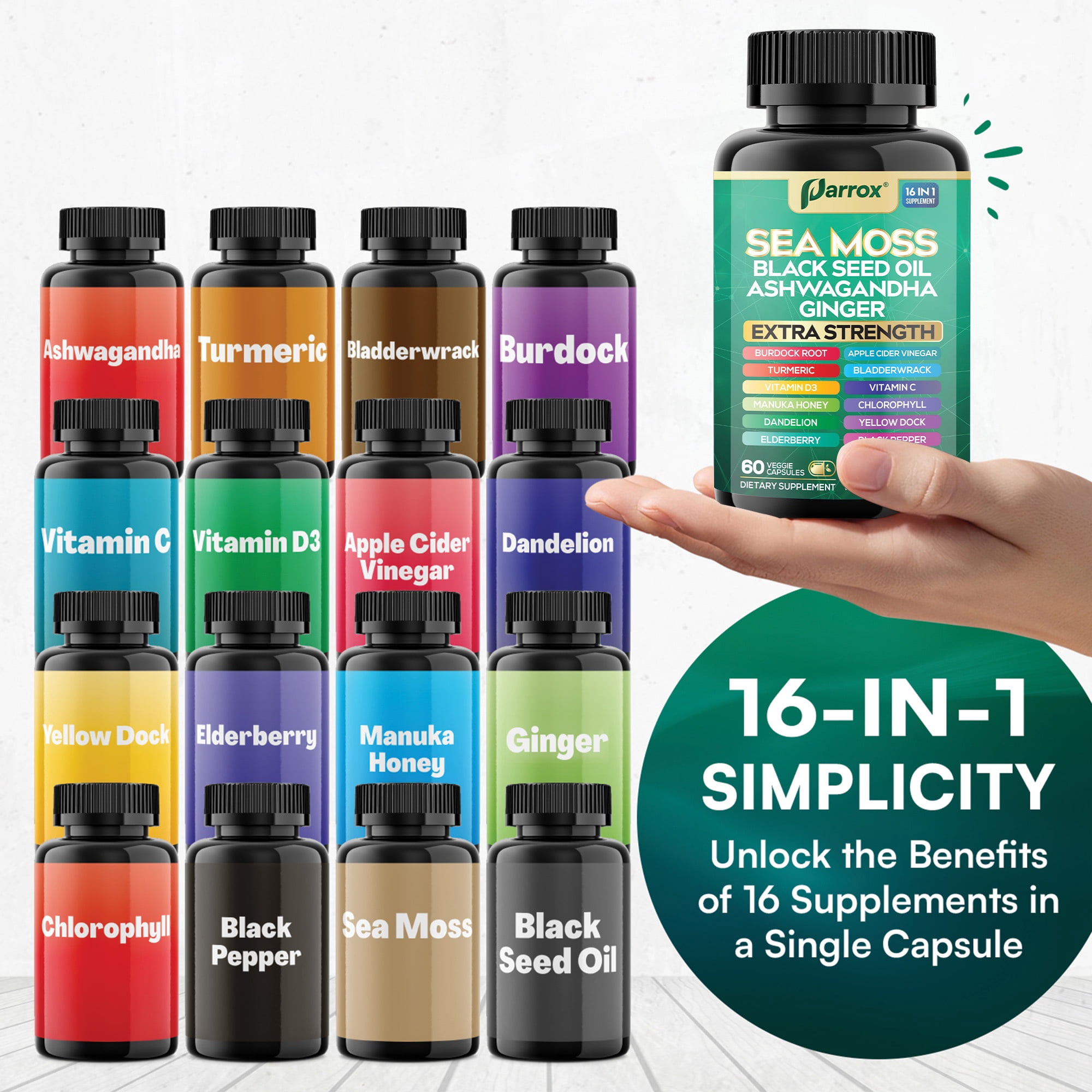Sea Moss, Black Seed Oil, Ashwagandha, Turmeric, Chlorophyll, Dandelion, Ginger, Vitamin D3, Black Pepper, Elderberry, ACV, Yellow Dock, Burdock Root, Manuka, Vitamin C, Bladderwrack (60 Caps)