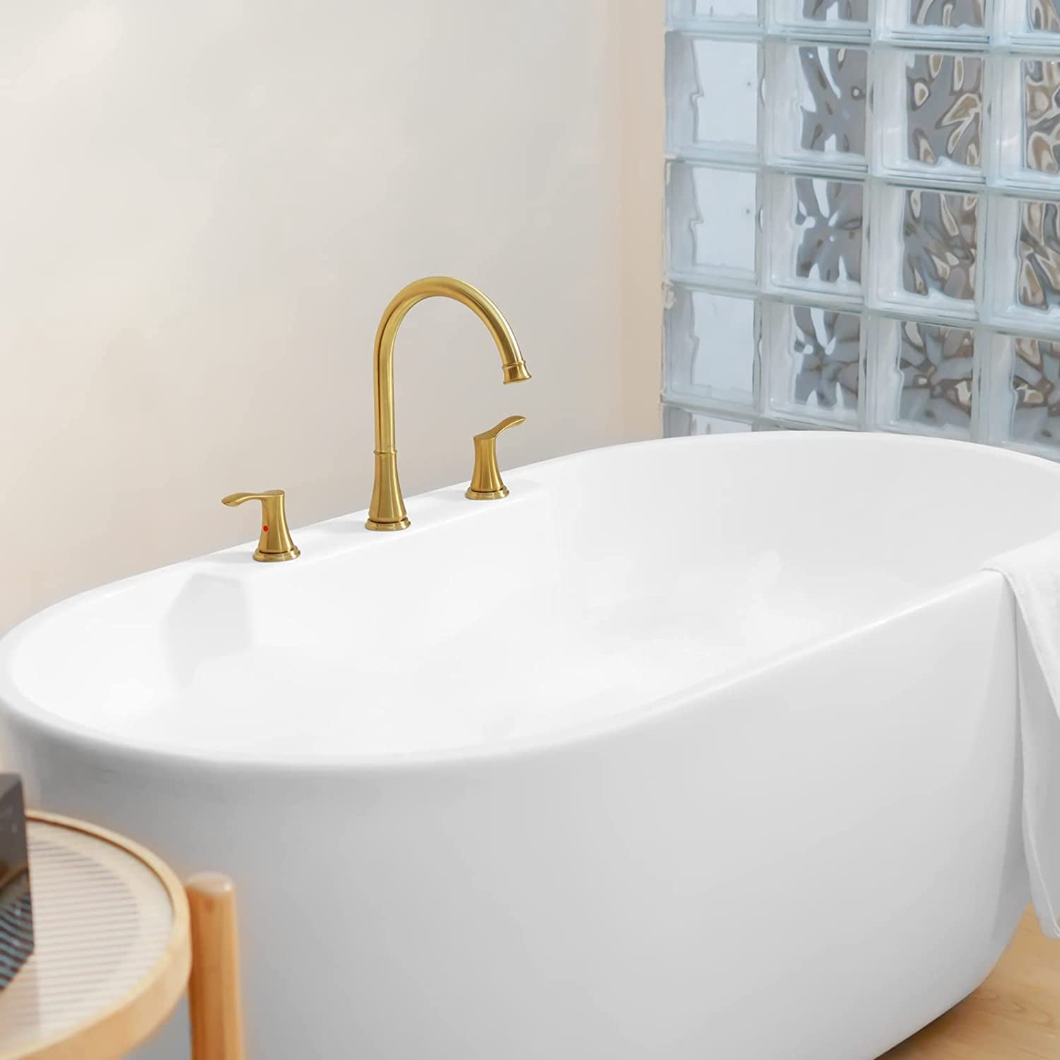 PARLOS High Arc 2-Handle Widespread Roman Tub Faucet with Valve & Faucet Supply Lines, Brushed Gold