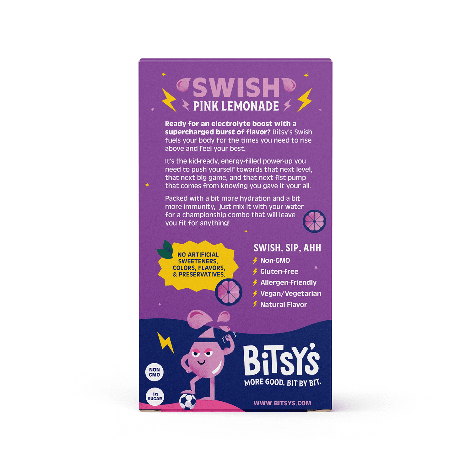 Bitsy's Swish Pink Lemonade Electrolyte and Immunity Sports Drink Mix for Kids, Vitamin C and Zinc Hydration Powder, 6 Packets
