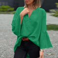 thumbnail image 6 of Women's Plus Size Cotton Linen Tunic, Long Sleeve V Neck Blouse with Flare Sleeve, Solid Color Loose Fit Top for Spring Summer Beach Casual Wear and Vacation Outfits Green L, 6 of 7