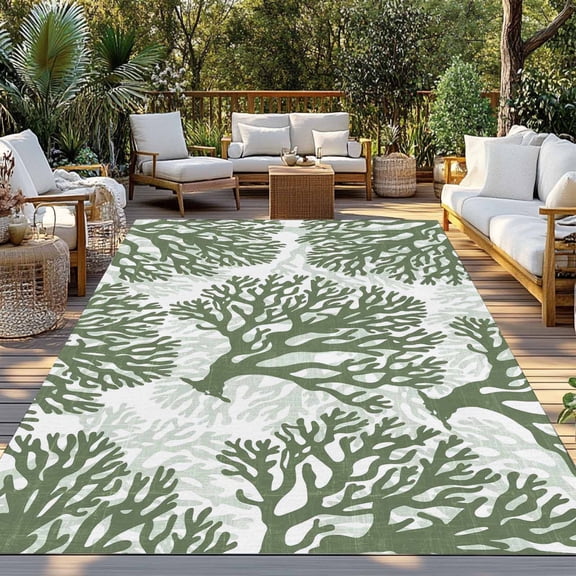 Outdoor Rug, Deep Forest Green Corals Indoor Area Rug Outdoor Carpet RV Camping Rugs 3x5ft Retro Marine Life Outside Mat for Patio Picnic Porch Deck Balcony Backyard