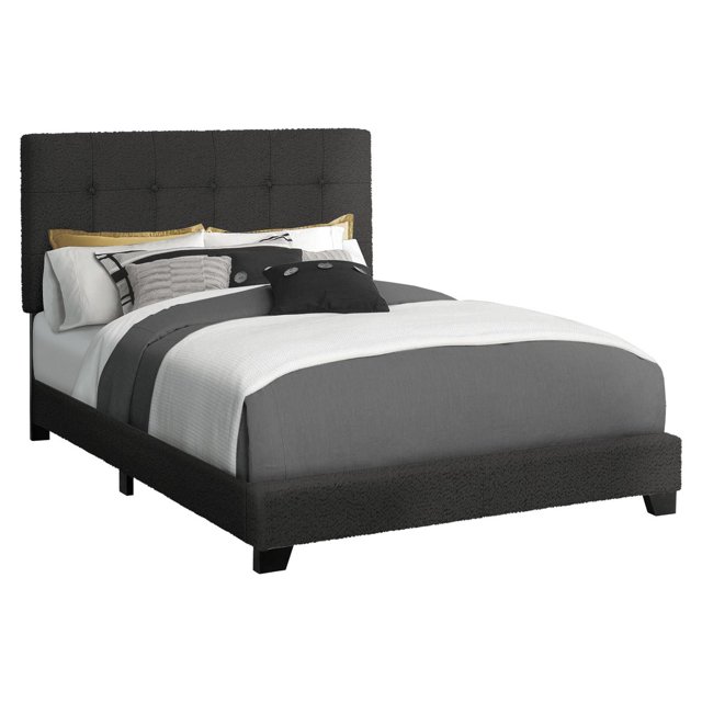 Full size Monarch Specialties transitional upholstered bed frame in dark fabric with a tufted headboard.