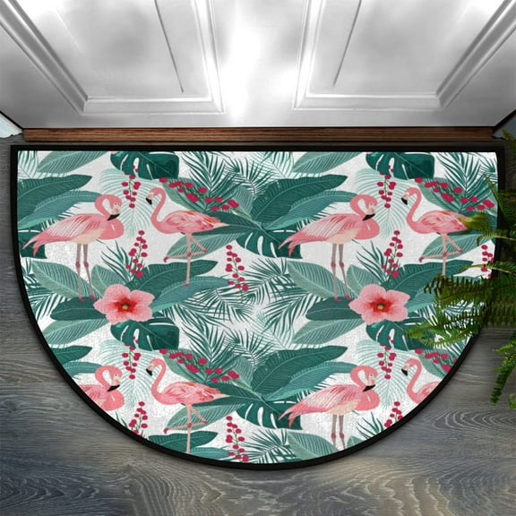 Flamingo Tropical Leaves Palm Tree Half Round Door Mat Semi Circle Bathroom Rug Indoor Outdoor Entrance Bath Mat Non Slip Floor Doormats Front Mats Home Decor Rugs 24X16inch.